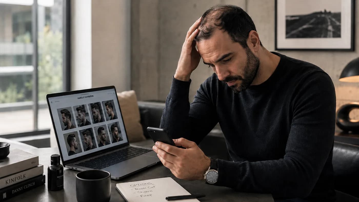 Man reviewing haircut references while thinking through a shave decision