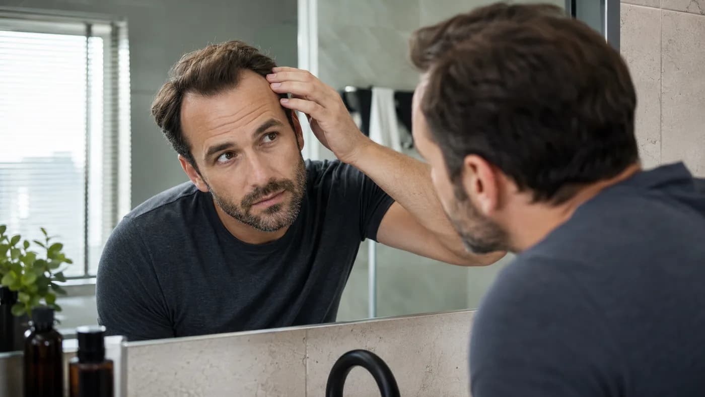 Man noticing early hair loss in the bathroom mirror
