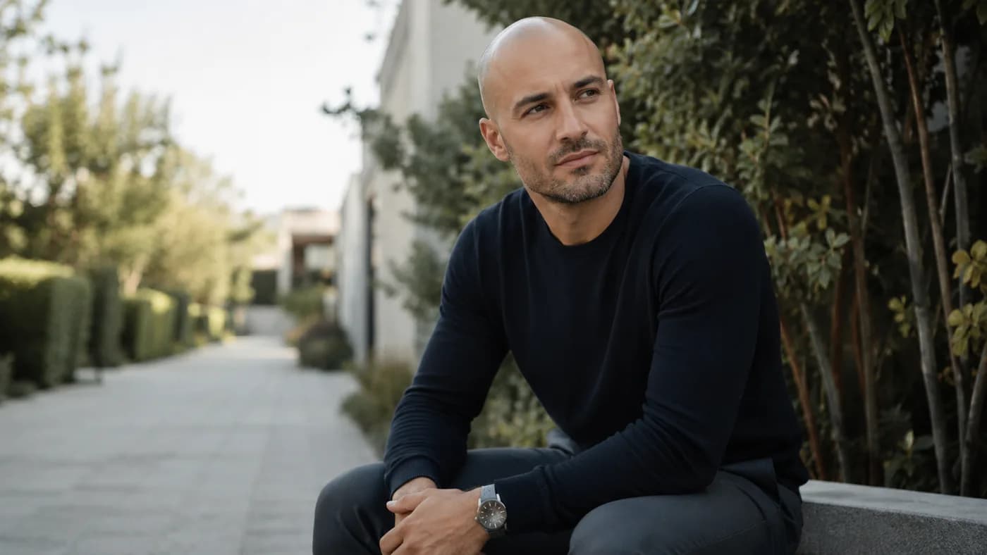 Man outdoors after deciding on a shaved head with a calm expression