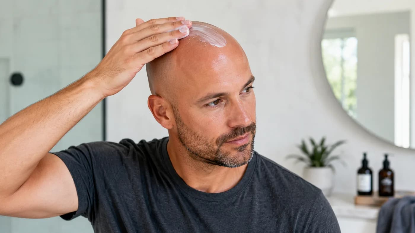 Freshly shaved bald man applying moisturizer or sunscreen to a calm scalp