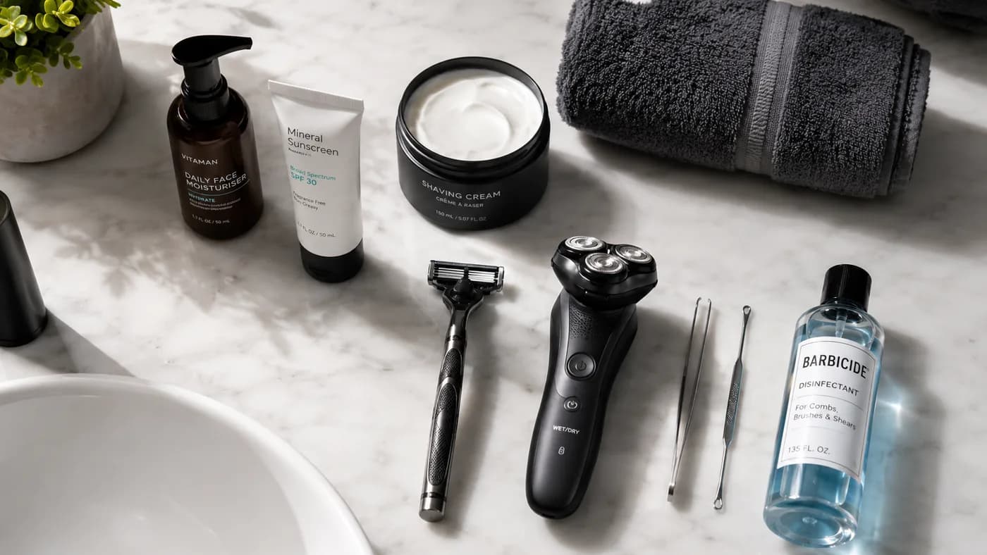 Clean head-shaving tools with shaving cream, warm towel, moisturizer, and sunscreen