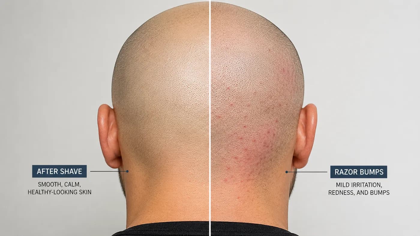 Comparison of a calm shaved scalp versus a scalp with mild razor bumps and redness