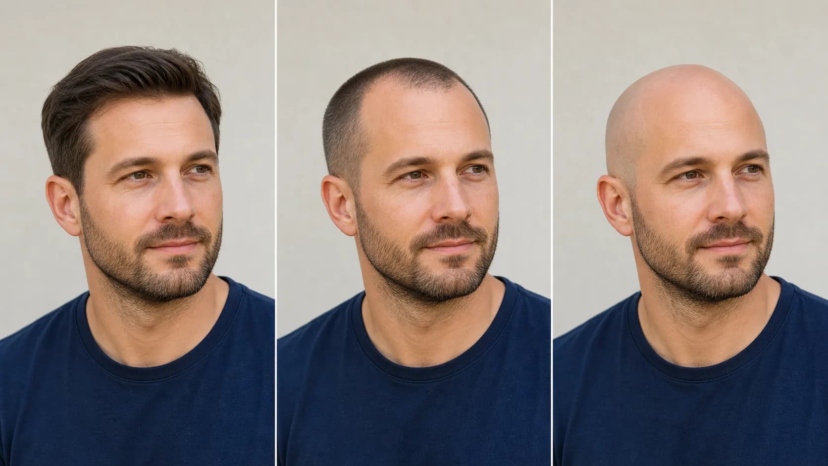 Comparison of receding hairline styles from longer hair to buzz cut to shaved head