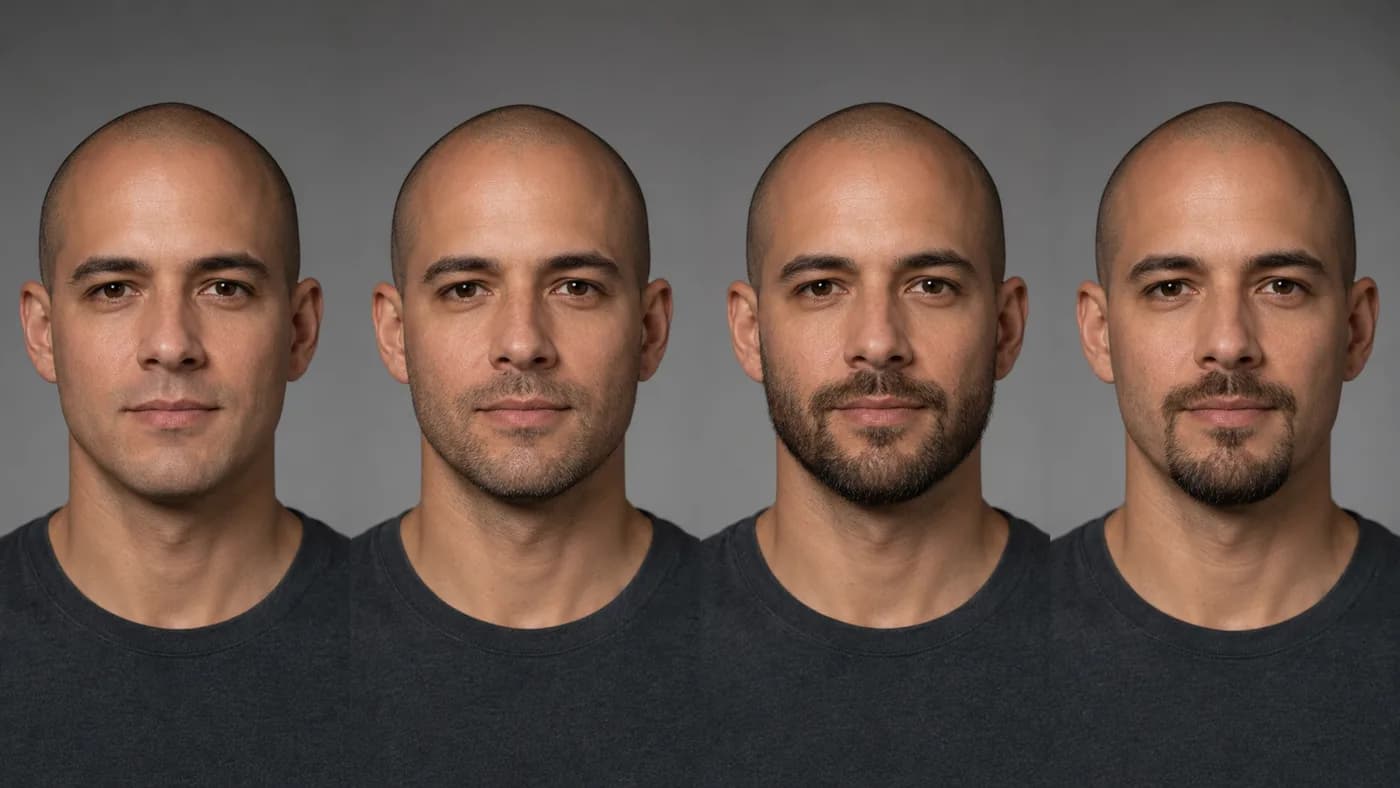 Shaved-head beard options including clean-shaven, stubble, short beard, and goatee