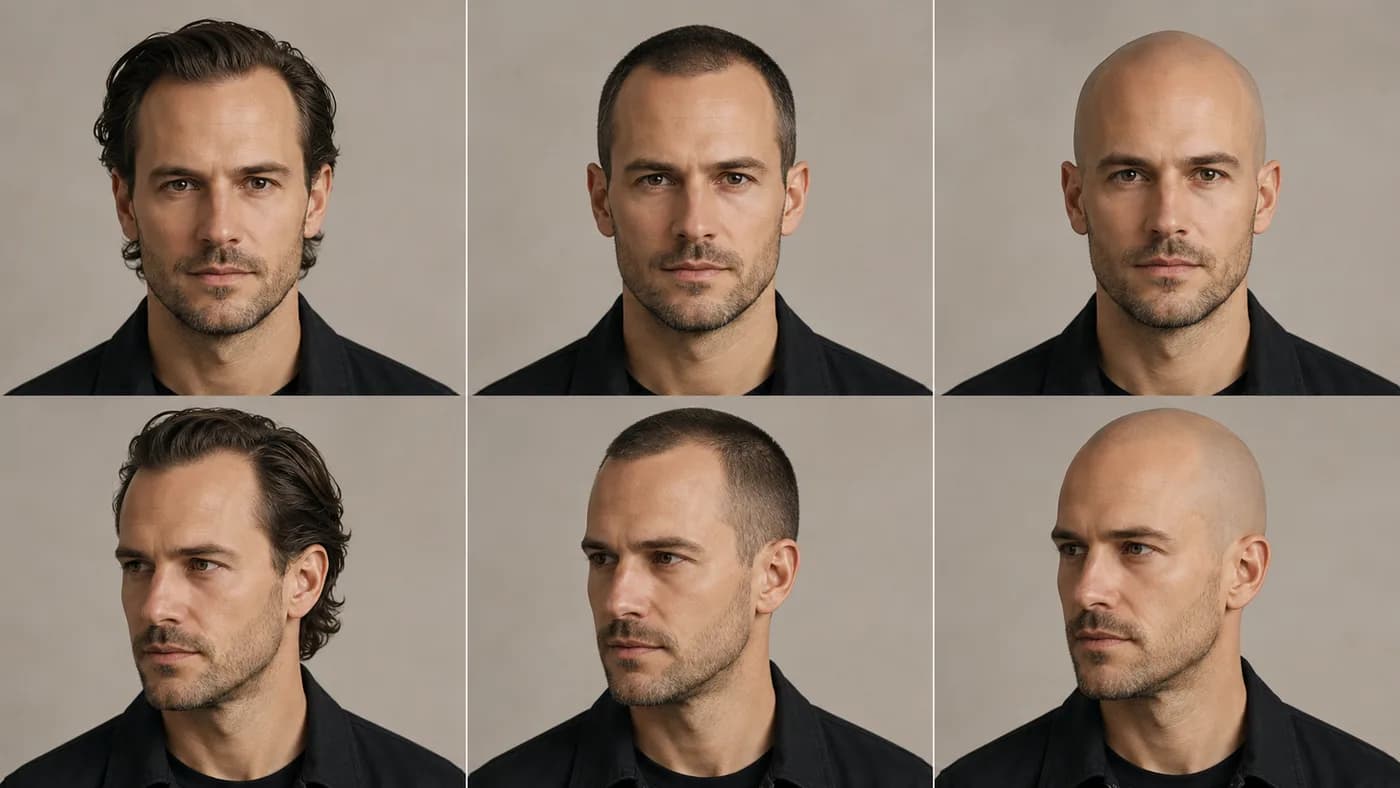 Comparison of the same man with a receding hairline, buzz cut, and shaved head