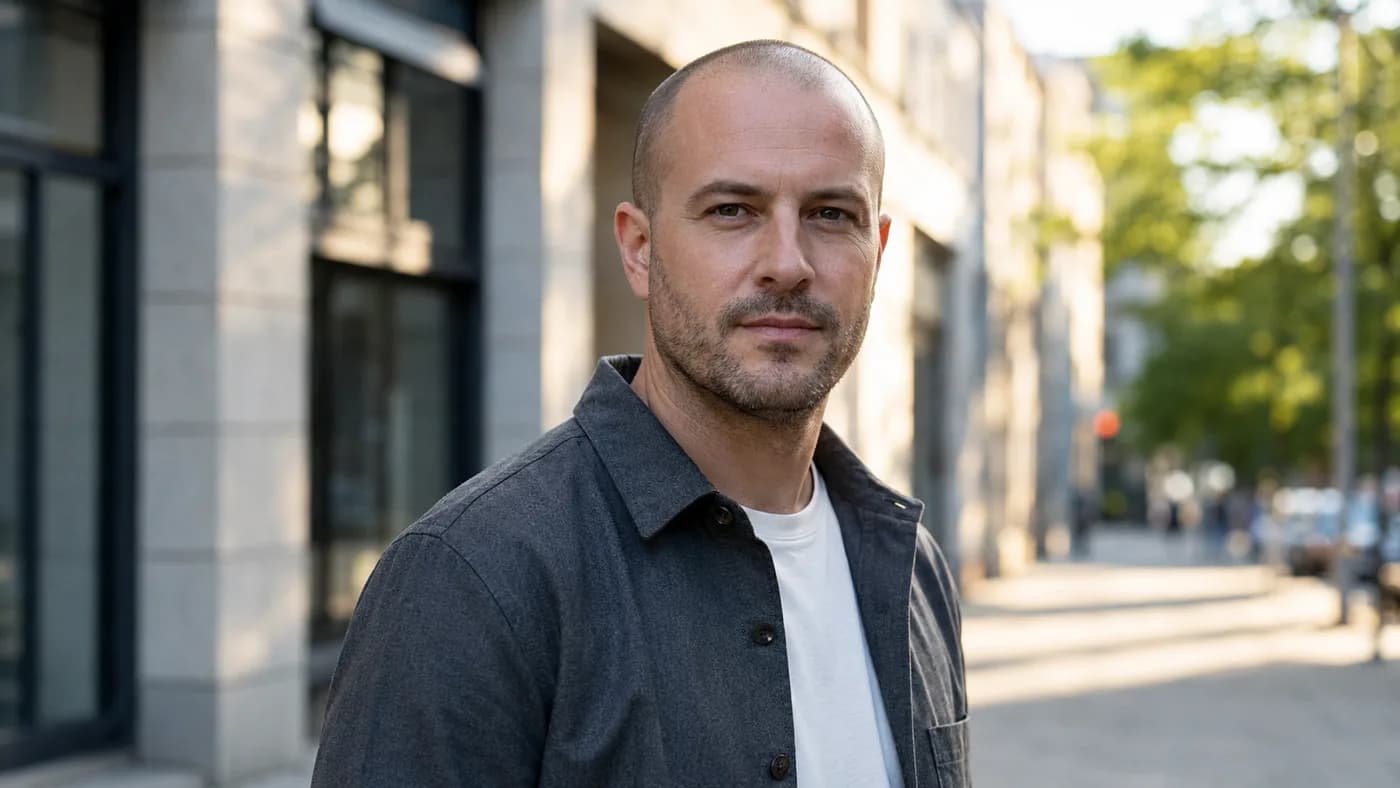 Confident man with a shaved head and short stubble in an outdoor city setting