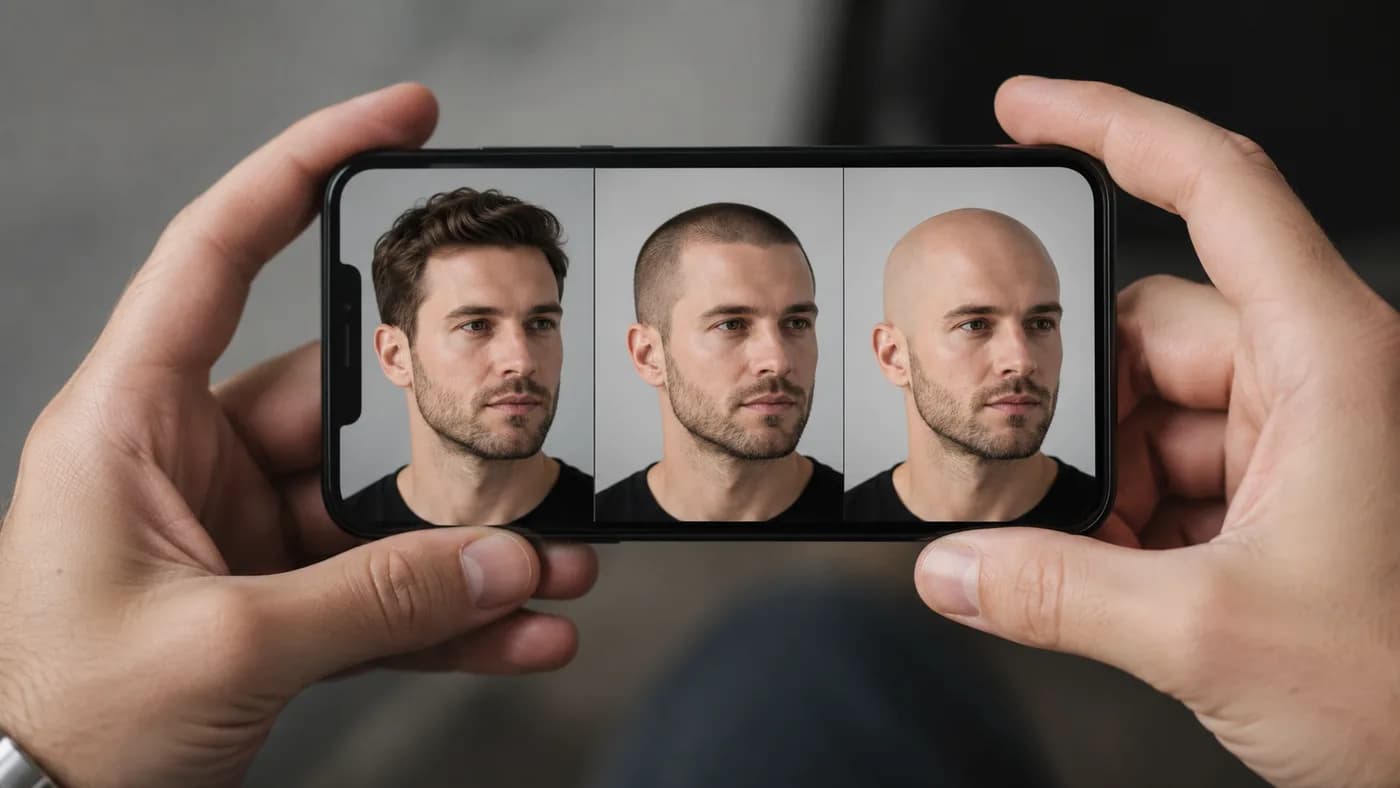 Phone preview comparing a current hairline, close buzz cut, and shaved head option