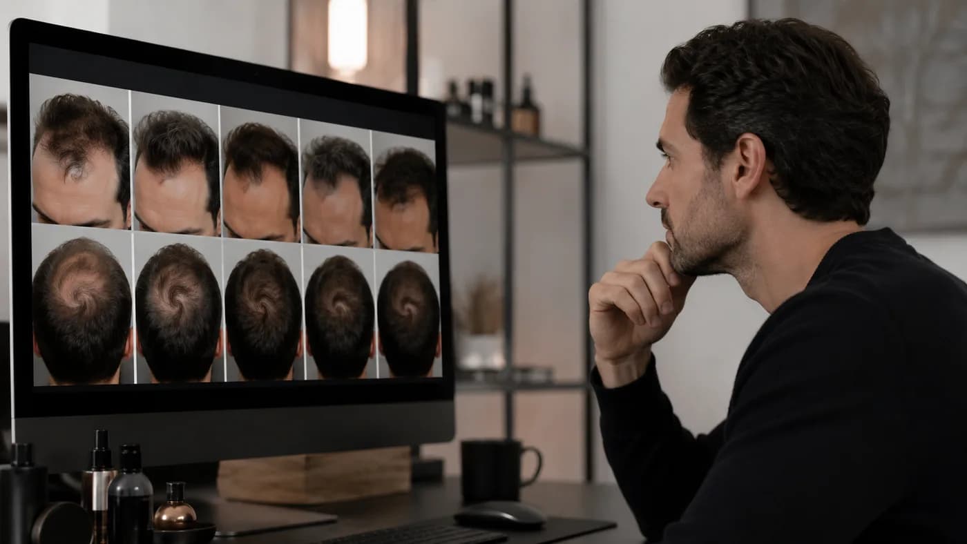Man taking consistent monthly photos of his hairline, temples, and crown