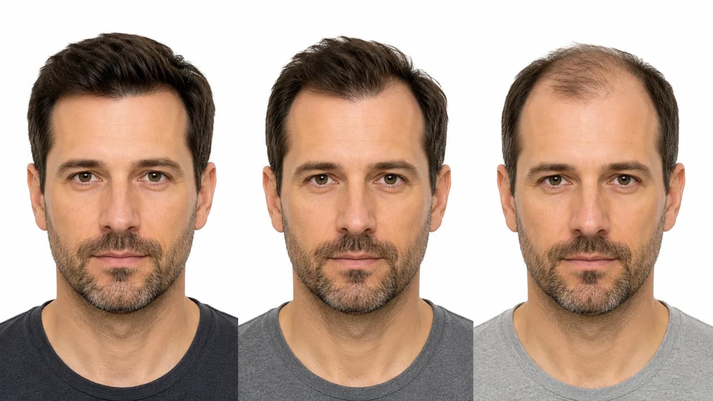 Comparison of a stable mature hairline, early temple recession, and broader early balding