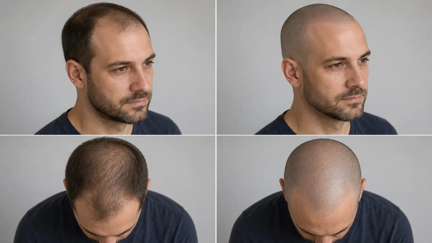 Three-quarter and crown comparison showing a close shaved head makes thinning look visually even