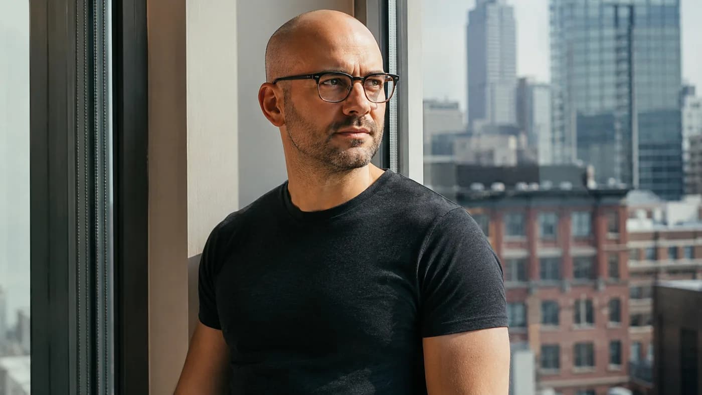 Recently shaved man in glasses and a dark crew-neck shirt by a city window