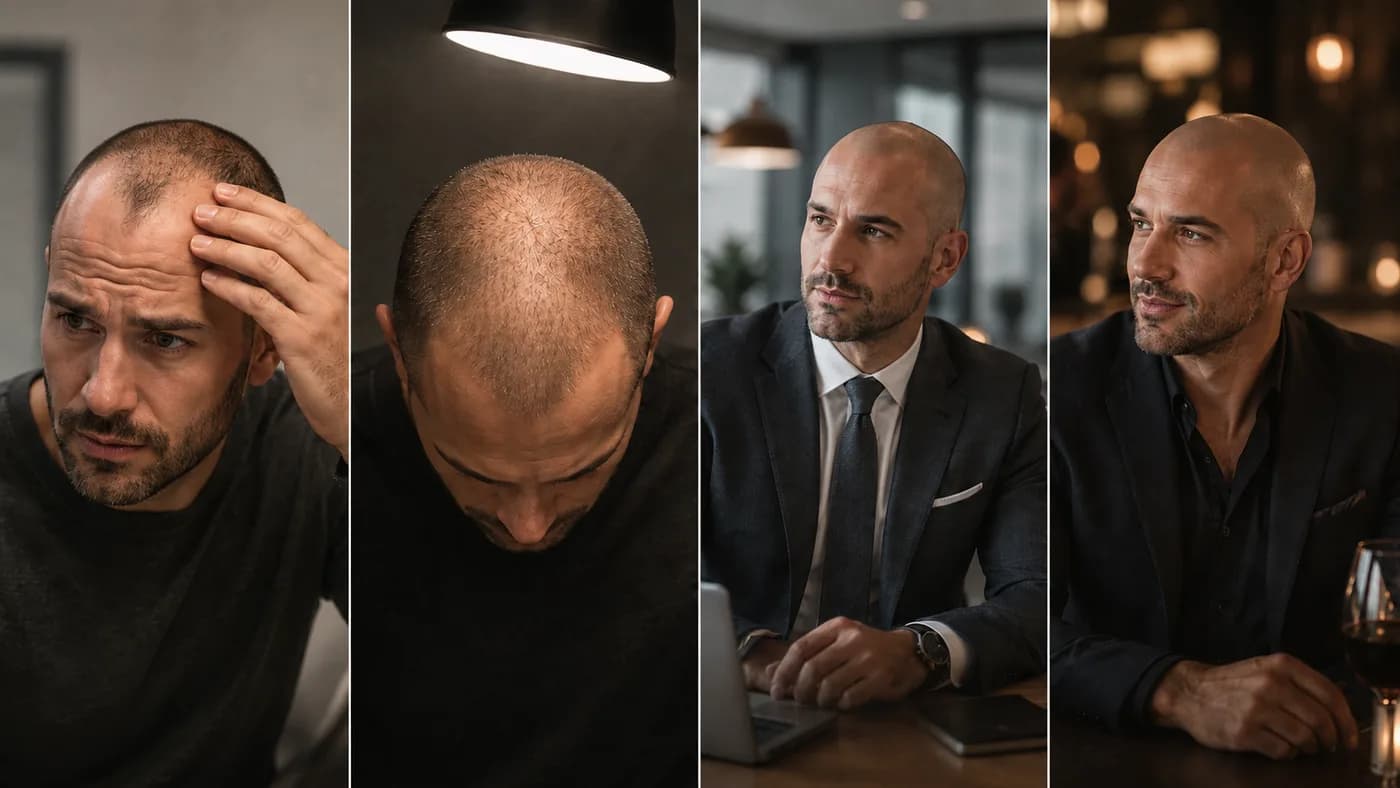 Shaved-head decision scenarios including receding hairline, crown thinning, work, and dating contexts