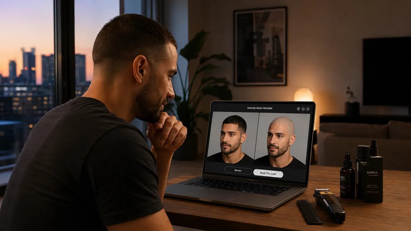 Man reviewing a realistic shaved-head preview before deciding to shave