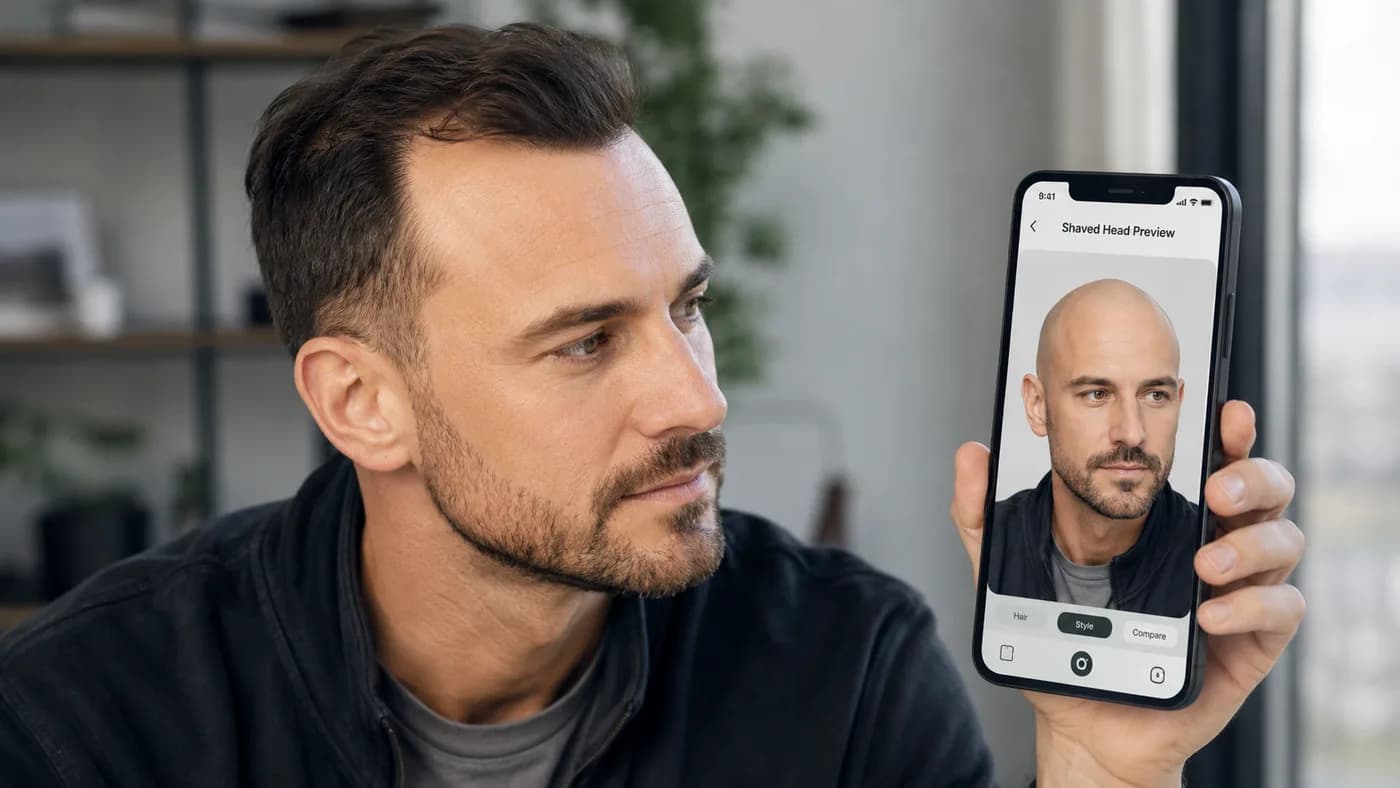 Man comparing his current hairstyle with a realistic shaved-head preview on his phone