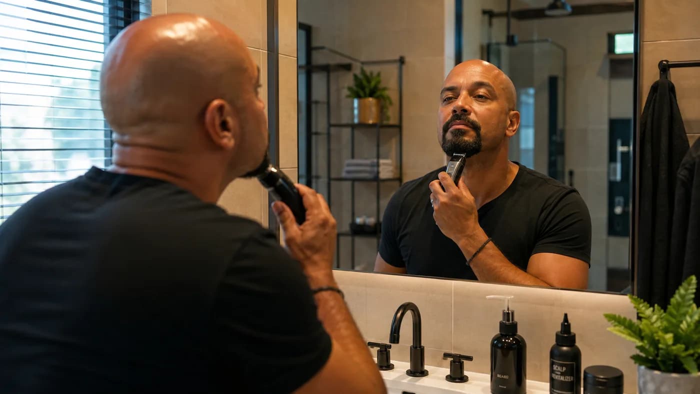 Bald man trimming a compact goatee in the mirror with scalp-care and grooming tools nearby