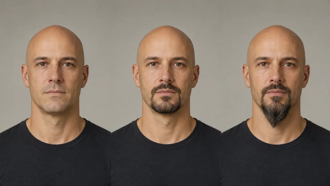 Comparison of a shaved head with no beard, a compact circle beard, and a longer pointed goatee
