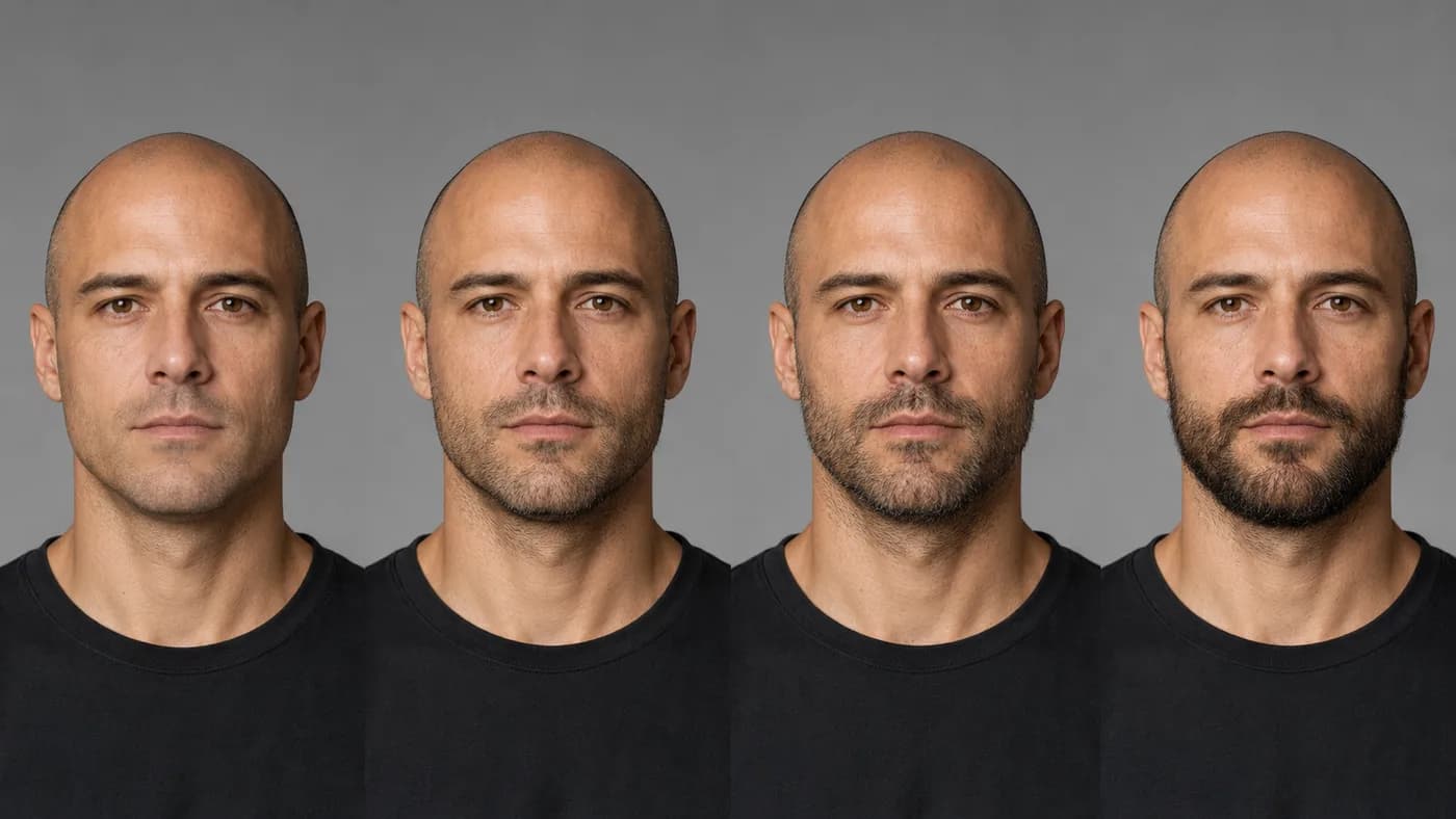 Comparison of a shaved-head man at multiple stubble lengths from light shadow to heavy stubble