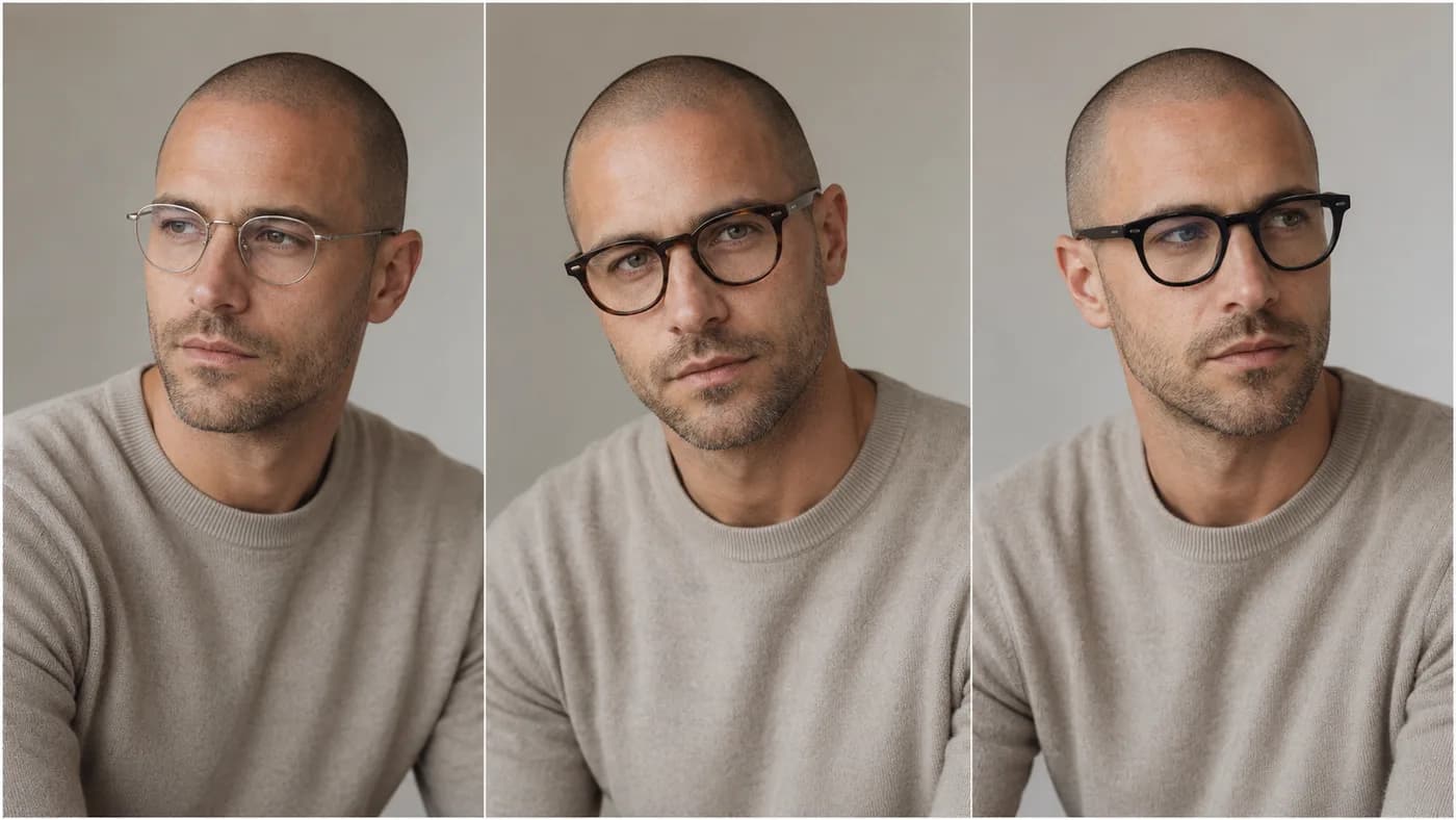 Shaved-head man with tidy stubble wearing thin, medium, and bold glasses frames