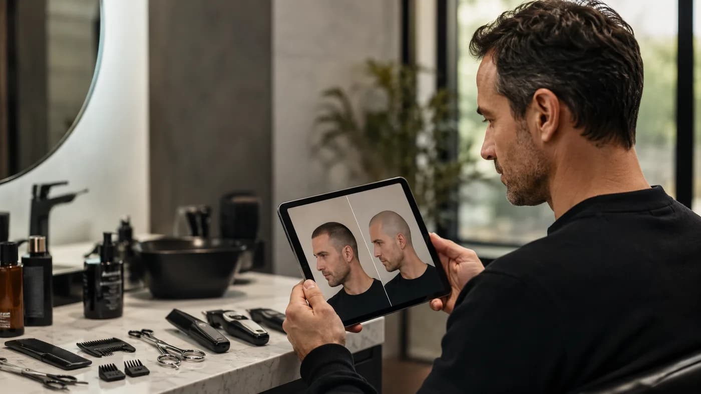 Man reviewing buzz cut versus shaved head options on a screen