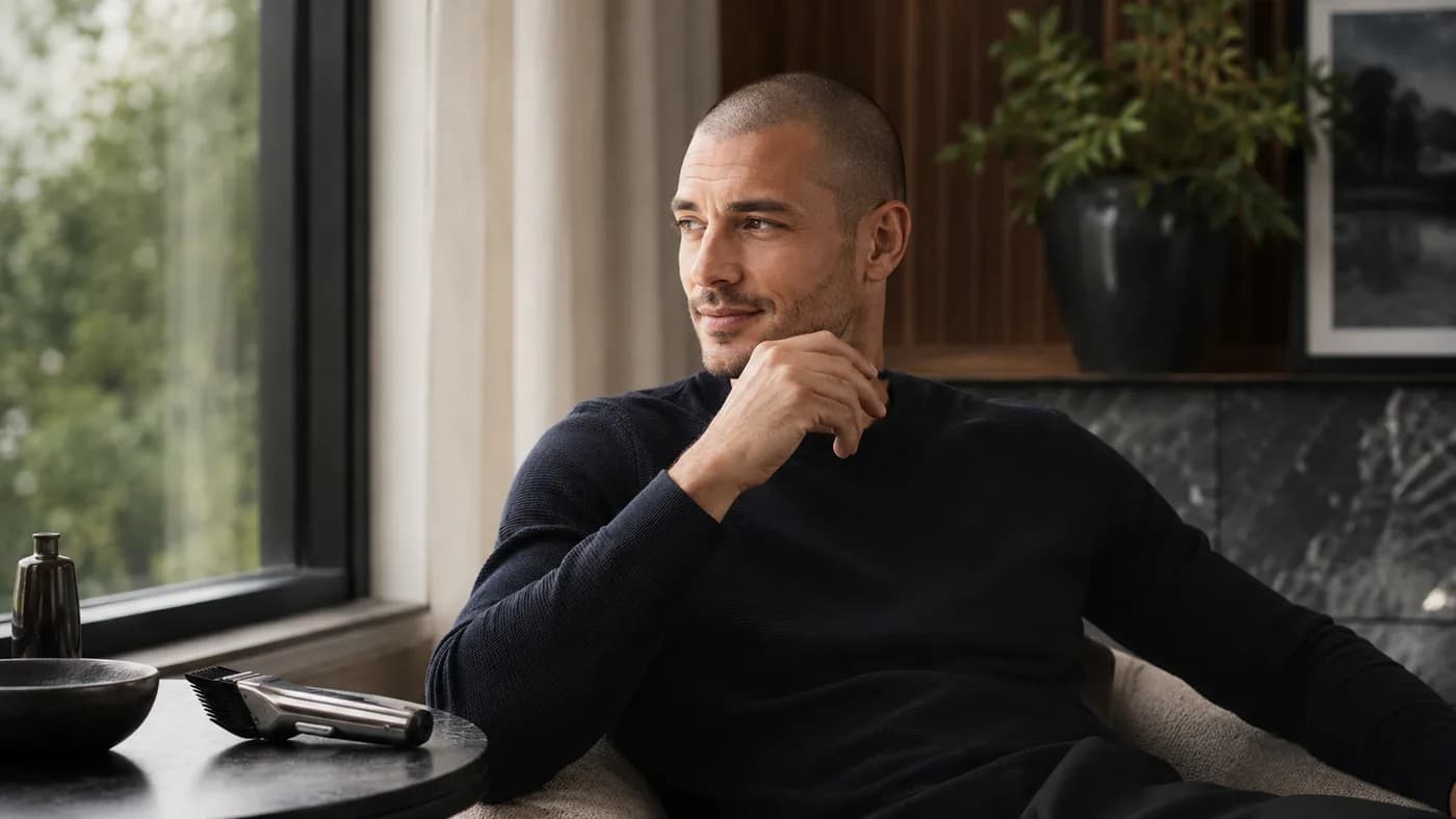 Man feeling calm after choosing a buzzed or shaved look