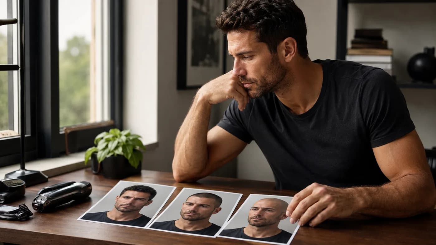 Man comparing his current thinning hair with buzzed and shaved options