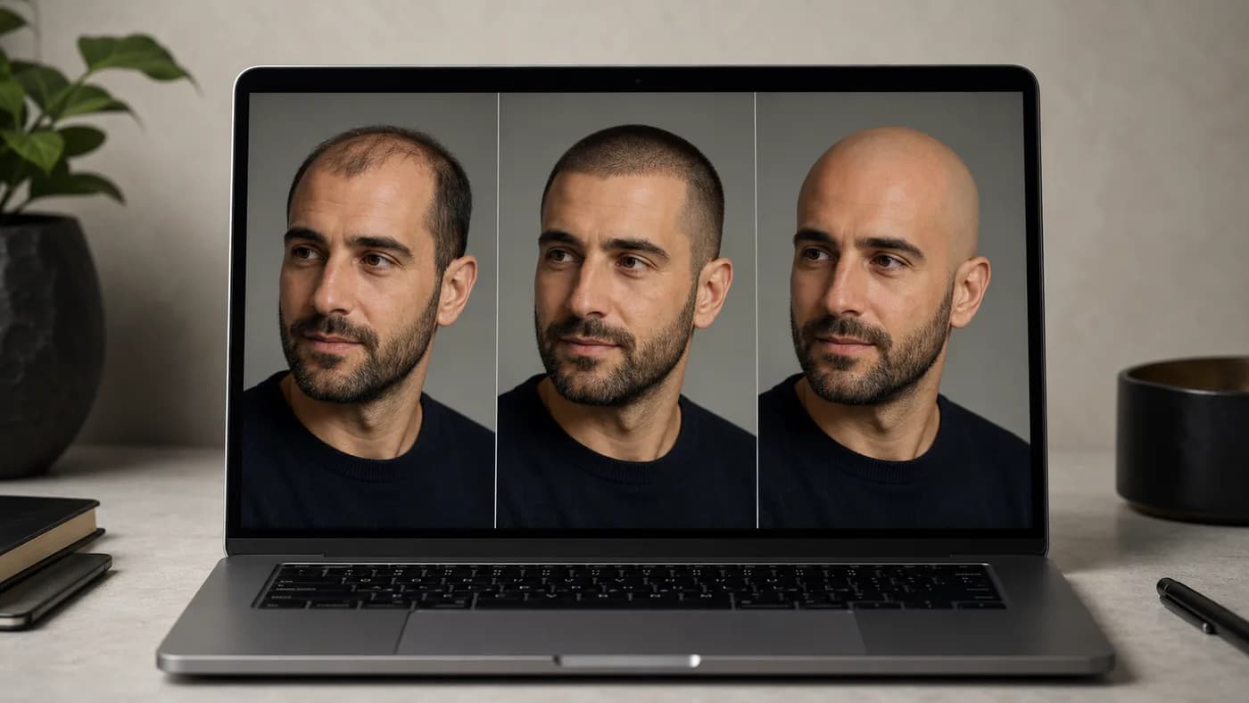 Comparison of the same man with thinning hair, a short buzz cut, and a shaved head preview