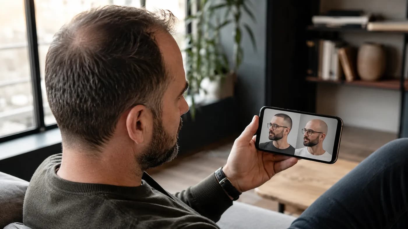 Man comparing buzz cut and shaved-head previews on his phone