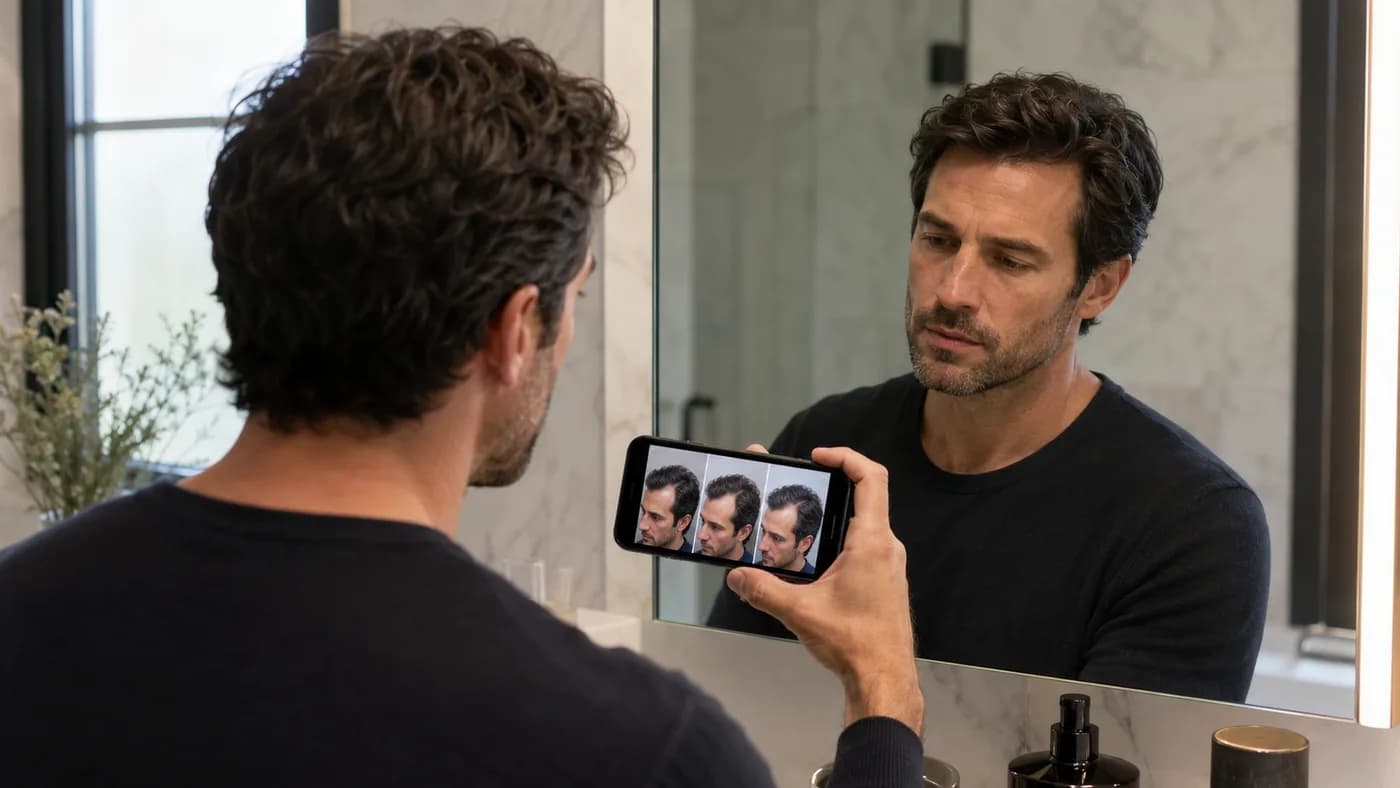 Man reviewing hairline changes across older smartphone photos