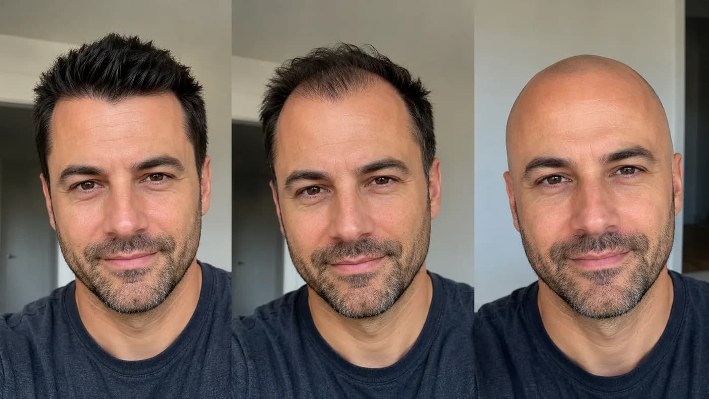 Comparison of a stable mature hairline, visible temple recession, and a cleaner shaved-head result