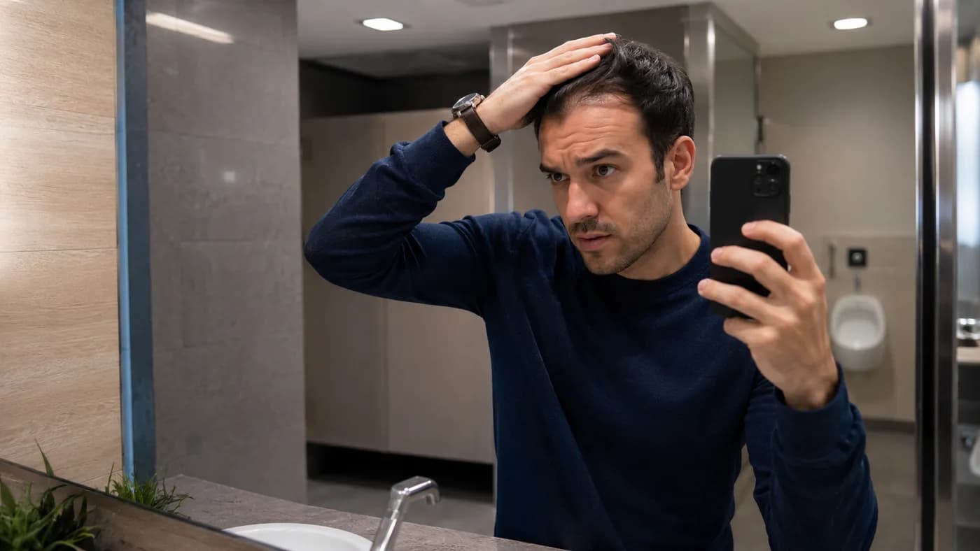 Man checking his hairline and crown in a phone camera under office bathroom lighting