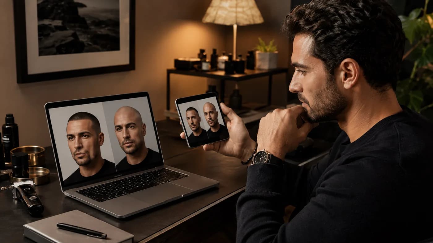 Man comparing buzz cut and shaved-head previews of himself on a laptop and phone