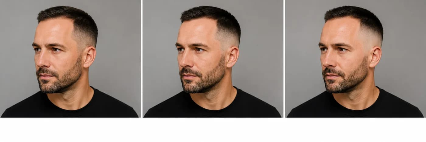 Low, mid, and high skin-fade buzz cuts on a receding hairline