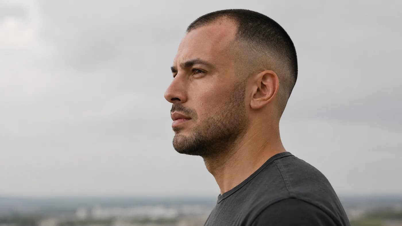 Low skin-fade buzz cut with a receding hairline and blended stubble beard