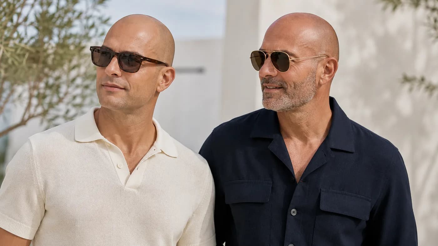 Clean-shaven and stubbled bald men wearing balanced sunglasses with polished summer outfits