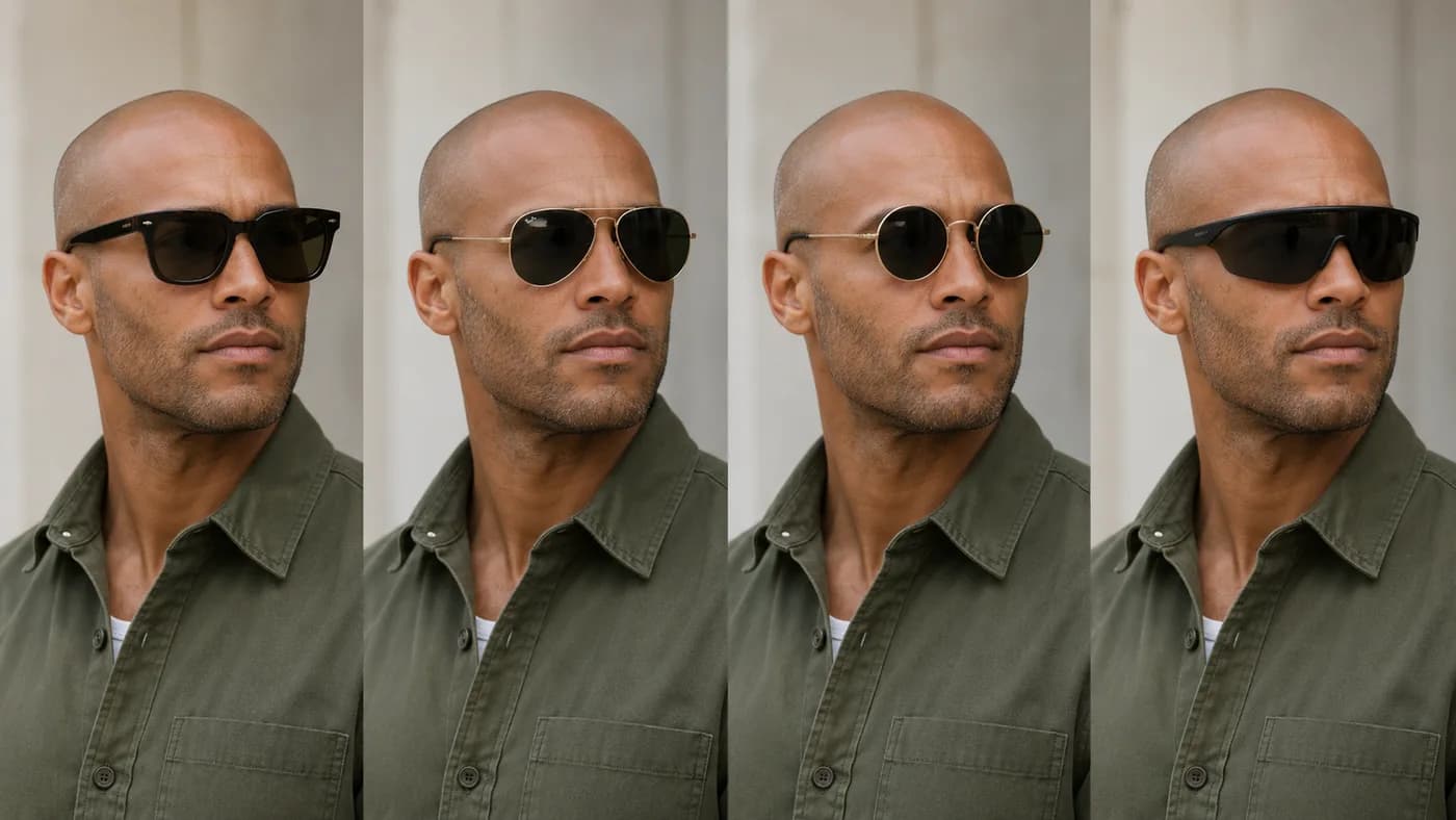 Bald man comparing soft square acetate, slim aviator, round metal, and oversized wraparound sunglasses