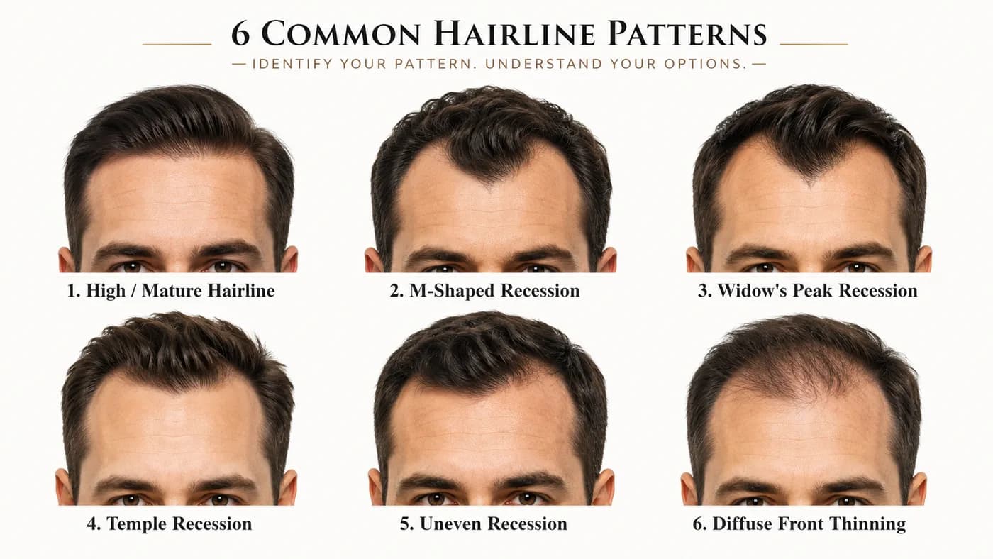 Comparison of six common receding hairline patterns from the front