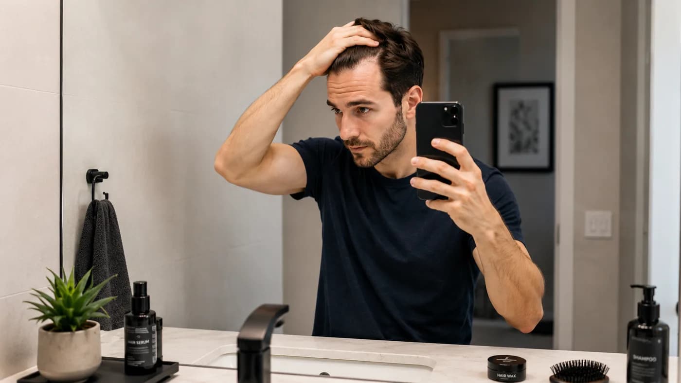 Man taking consistent monthly hairline progress photos to track recession
