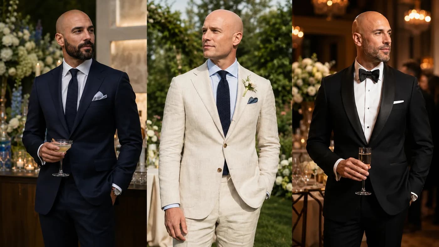 Three bald wedding guests in cocktail, garden, and black-tie outfits