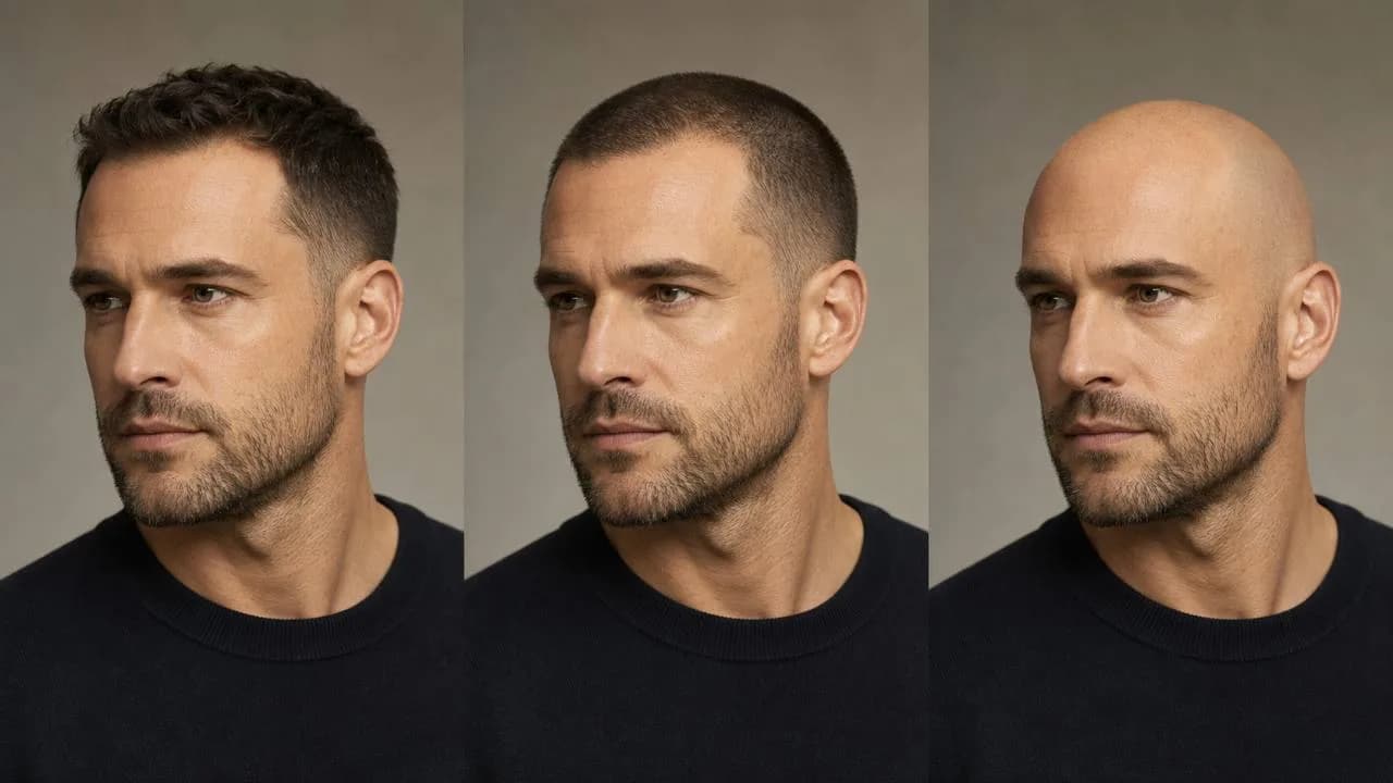 Norwood 3 hairstyle comparison: textured crop, buzz cut, and shaved head