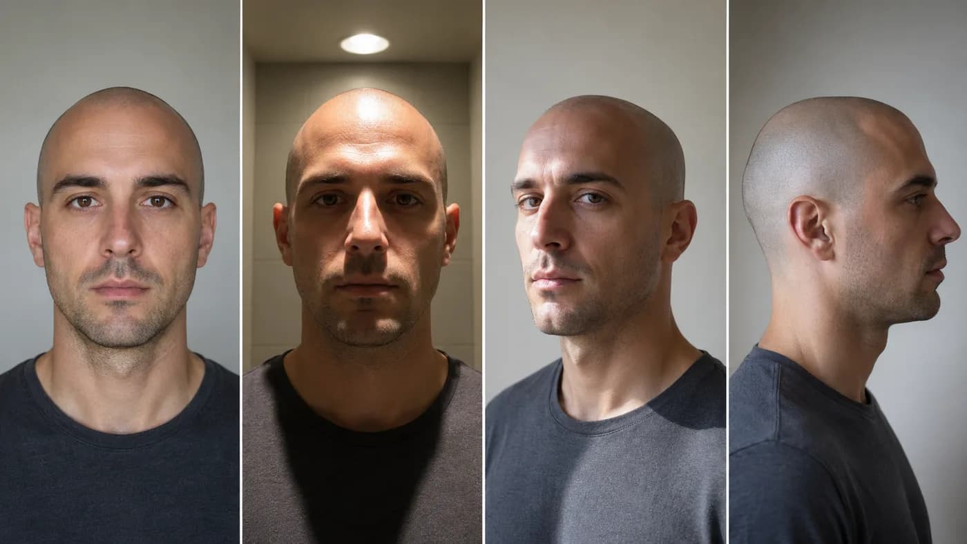 Comparison showing how lighting and photo angle change a shaved-head preview result