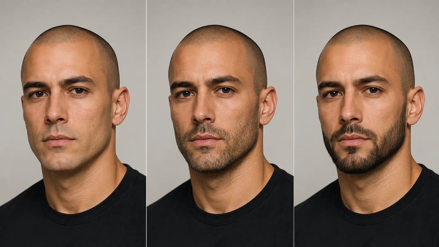 Comparison of the same shaved-head man with no beard, heavy stubble, and a short boxed beard