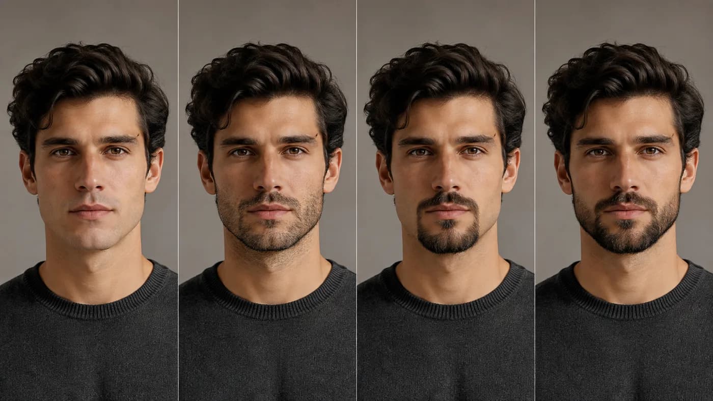 Same man compared with clean-shaven, heavy stubble, a circle beard, and a short boxed beard