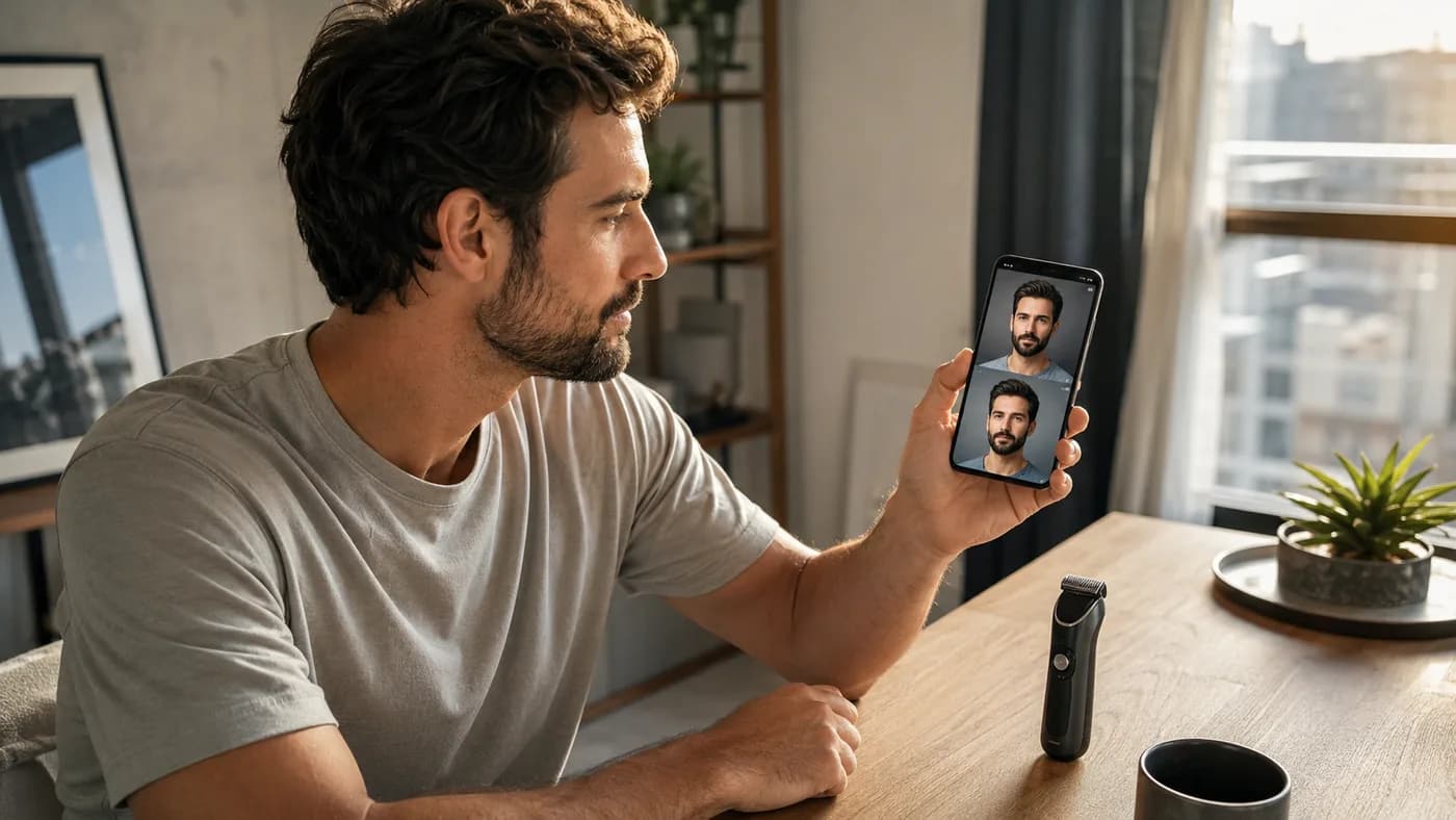Man comparing beard-style previews on his phone before trimming