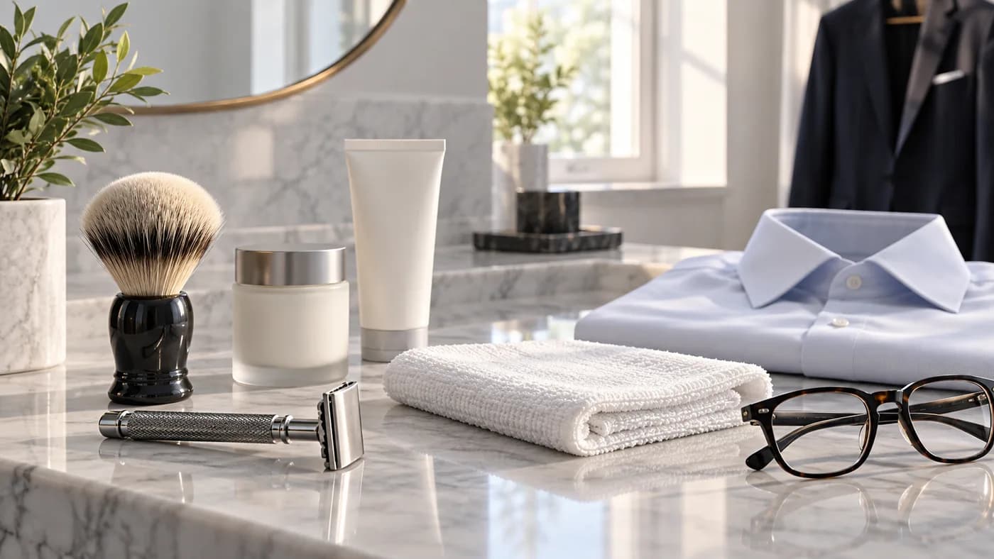 Head-shaving and grooming essentials arranged before a formal event