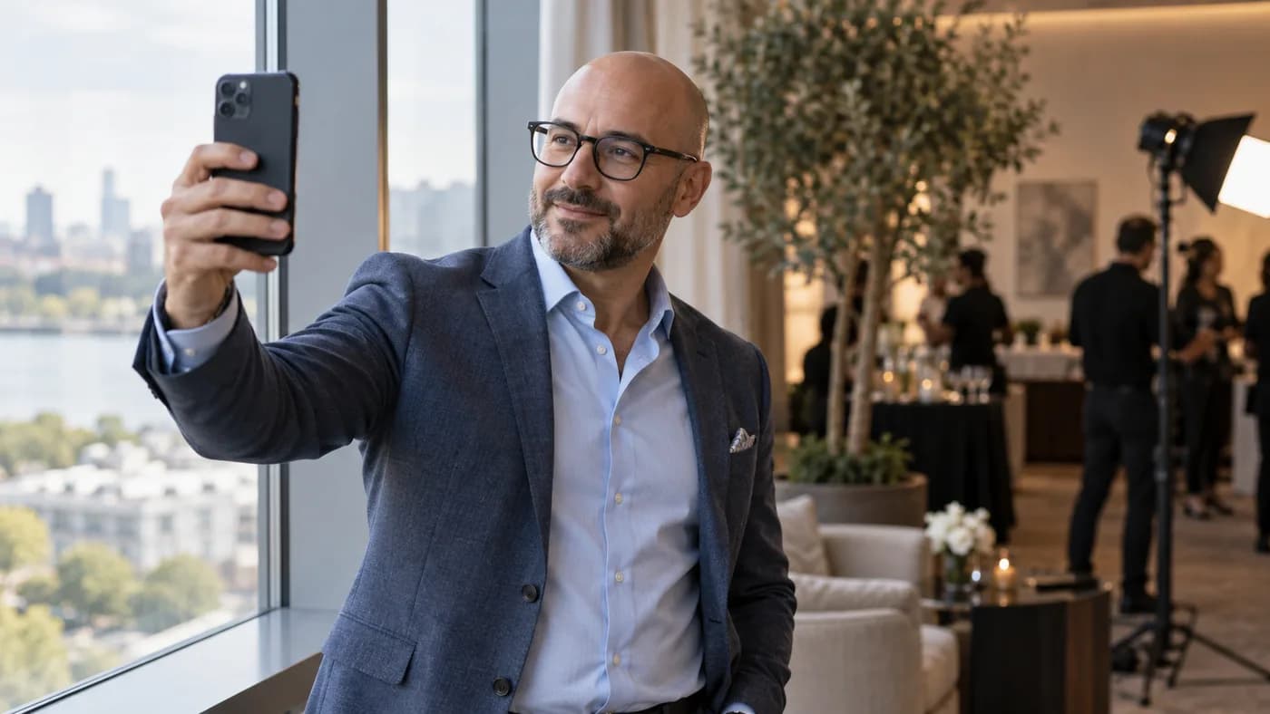 Bald man taking a test photo in soft event lighting