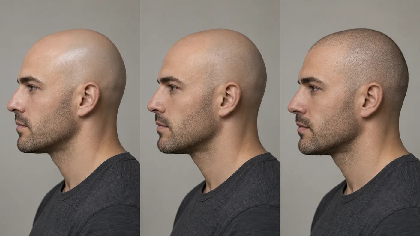 Bald head shave timing comparison showing a fresh shave, settled shave, and short stubble