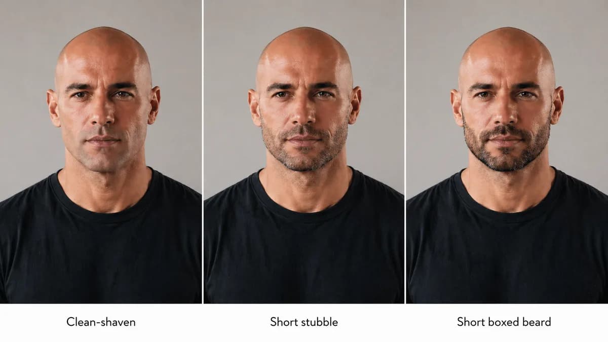 Shaved head with clean-shaven, stubble, and short beard options