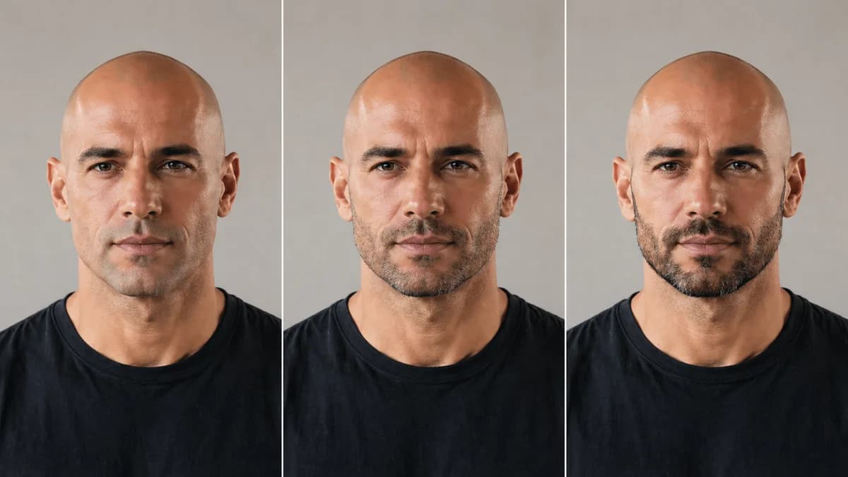 Front, side, and three-quarter shaved-head angles for judging face shape