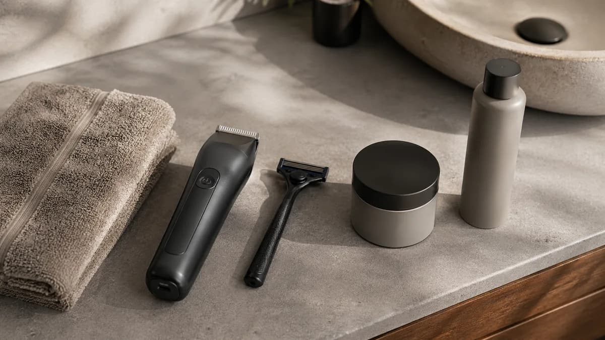 Shaved-head grooming essentials including trimmer, moisturizer, and sunscreen