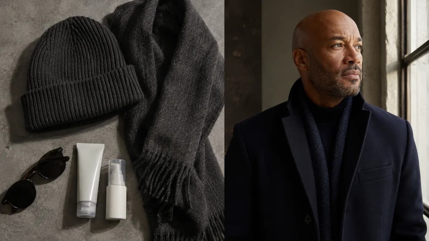 Winter grooming essentials for a bald man: beanie, scarf, moisturizer, sunscreen, and sunglasses